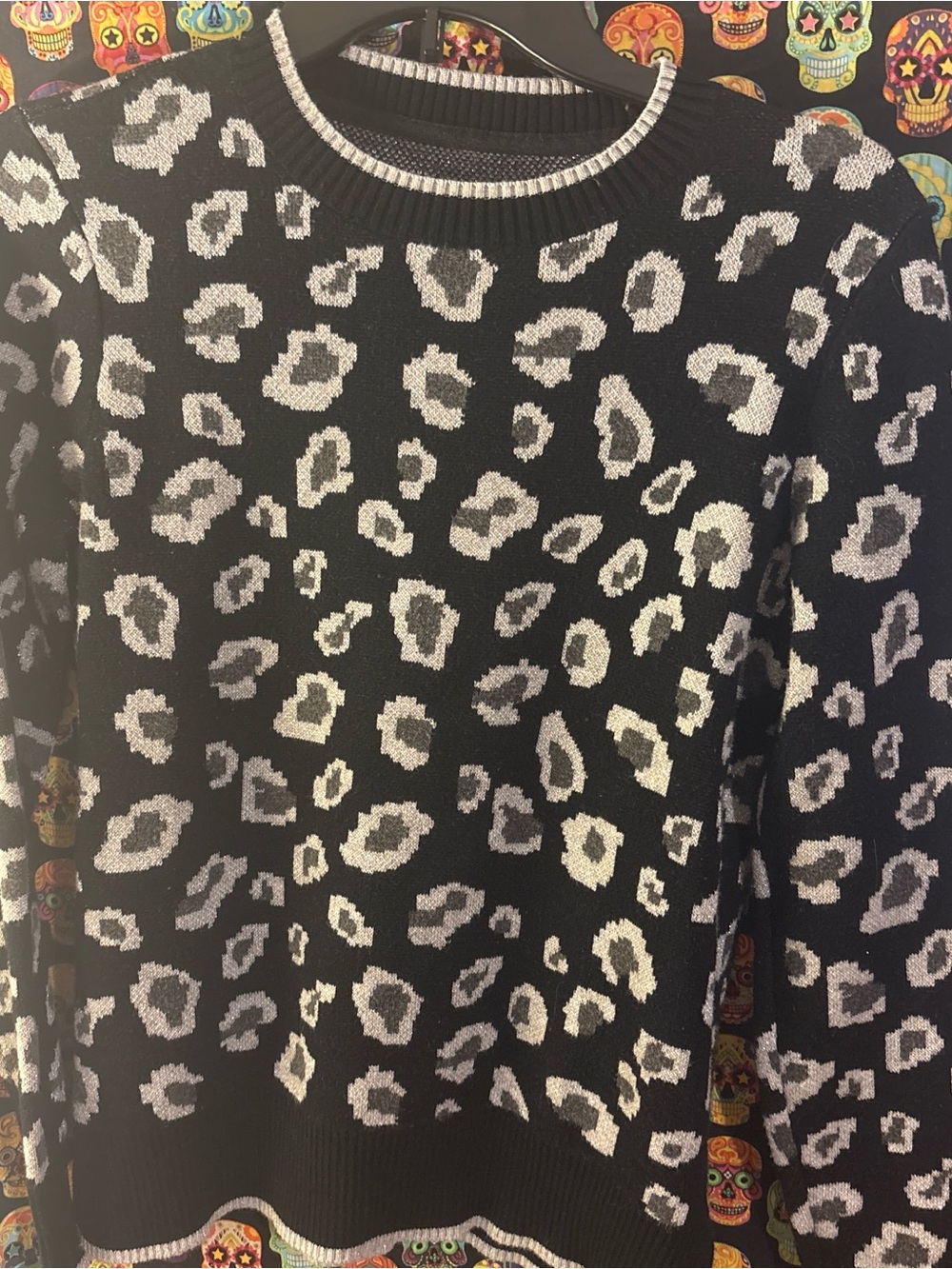 Women's Black and White Leopard Print Crewneck Sweater